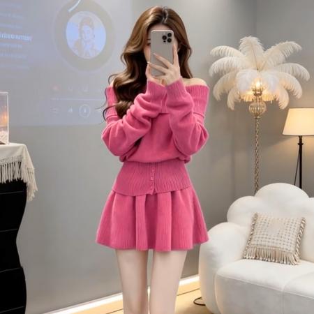 FA56408# 一字肩粉色毛衣针织连衣裙子女秋冬季新款巨好看韩系穿搭套装 服裝批發女裝批發服飾貨源