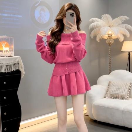FA56408# 一字肩粉色毛衣针织连衣裙子女秋冬季新款巨好看韩系穿搭套装 服裝批發女裝批發服飾貨源