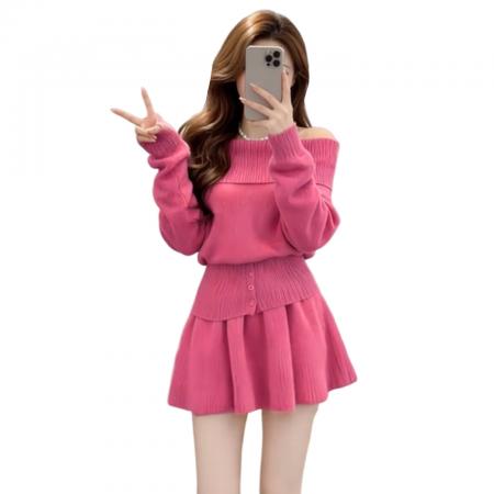 FA56408# 一字肩粉色毛衣针织连衣裙子女秋冬季新款巨好看韩系穿搭套装 服裝批發女裝批發服飾貨源