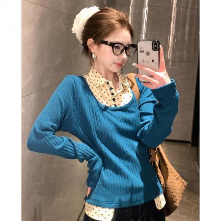 FA56409# 韩系波点假两件长袖毛针织衫女新款秋冬季修身显瘦打底衫上衣 服裝批發女裝批發服飾貨源