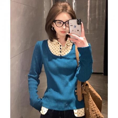 FA56409# 韩系波点假两件长袖毛针织衫女新款秋冬季修身显瘦打底衫上衣 服裝批發女裝批發服飾貨源