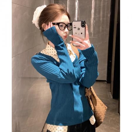 FA56409# 韩系波点假两件长袖毛针织衫女新款秋冬季修身显瘦打底衫上衣 服裝批發女裝批發服飾貨源