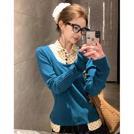 FA56409# 韩系波点假两件长袖毛针织衫女新款秋冬季修身显瘦打底衫上衣 服裝批發女裝批發服飾貨源