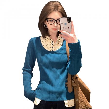 FA56409# 韩系波点假两件长袖毛针织衫女新款秋冬季修身显瘦打底衫上衣 服裝批發女裝批發服飾貨源