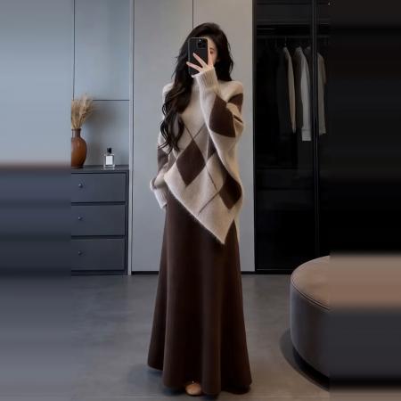 FA56410# 巨好看的法式针织毛衣连衣裙子女冬季新款独特漂亮一整套冬装套装 服裝批發女裝批發服飾貨源