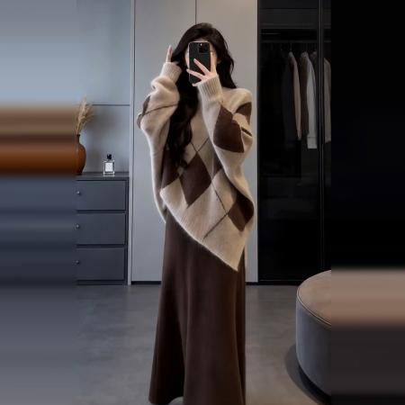 FA56410# 巨好看的法式针织毛衣连衣裙子女冬季新款独特漂亮一整套冬装套装 服裝批發女裝批發服飾貨源