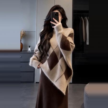 FA56410# 巨好看的法式针织毛衣连衣裙子女冬季新款独特漂亮一整套冬装套装 服裝批發女裝批發服飾貨源