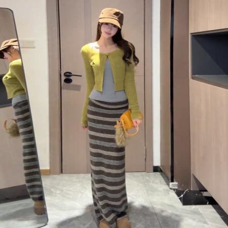 FA56412# 早春新款韩系一整套ootd穿搭连衣裙子女秋冬内搭针织套装长裙 服裝批發女裝批發服飾貨源