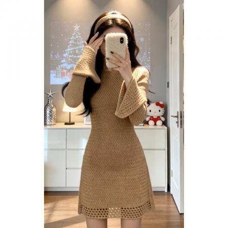 FA56413# 法式气质镂空针织连衣裙子女秋冬新款高级感修身收腰包臀短裙 服裝批發女裝批發服飾貨源