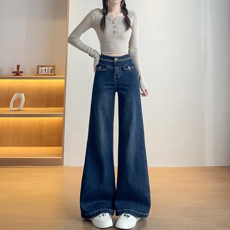 FA56414# 春季新款小个子重工刺绣弹力牛仔裤女喇叭裤高腰宽松型 服裝批發女裝批發服飾貨源