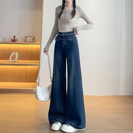 FA56414# 春季新款小个子重工刺绣弹力牛仔裤女喇叭裤高腰宽松型 服裝批發女裝批發服飾貨源