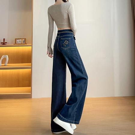 FA56414# 春季新款小个子重工刺绣弹力牛仔裤女喇叭裤高腰宽松型 服裝批發女裝批發服飾貨源