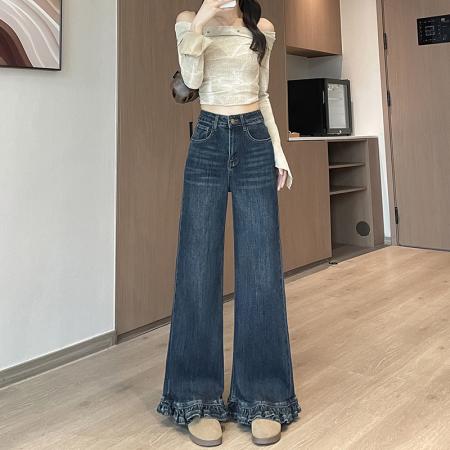 FA56416# 春季小个子牛仔裤女法式复古木耳花边阔腿裤松弛 服裝批發女裝批發服飾貨源