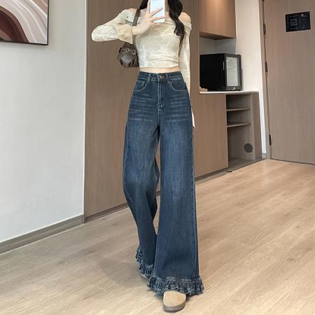 FA56416# 春季小个子牛仔裤女法式复古木耳花边阔腿裤松弛 服裝批發女裝批發服飾貨源