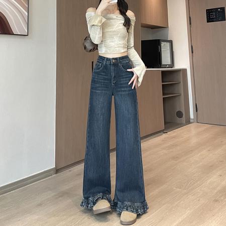 FA56416# 春季小个子牛仔裤女法式复古木耳花边阔腿裤松弛 服裝批發女裝批發服飾貨源
