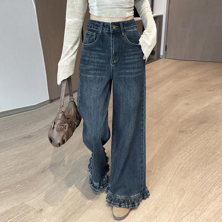 FA56416# 春季小个子牛仔裤女法式复古木耳花边阔腿裤松弛 服裝批發女裝批發服飾貨源