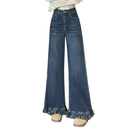 FA56416# 春季小个子牛仔裤女法式复古木耳花边阔腿裤松弛 服裝批發女裝批發服飾貨源