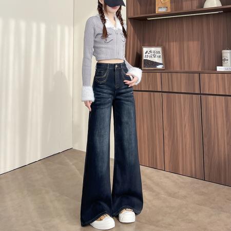 FA56417# 春季小个子弹力刺绣扎染重工牛仔裤女高腰喇叭裤 服裝批發女裝批發服飾貨源