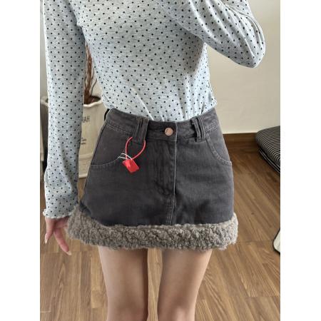 FA56418# 辣妹拼接毛边高腰牛仔半身裙女款春季新款修身显瘦A字短裙子 服裝批發女裝批發服飾貨源