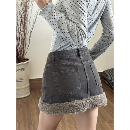 FA56418# 辣妹拼接毛边高腰牛仔半身裙女款春季新款修身显瘦A字短裙子 服裝批發女裝批發服飾貨源