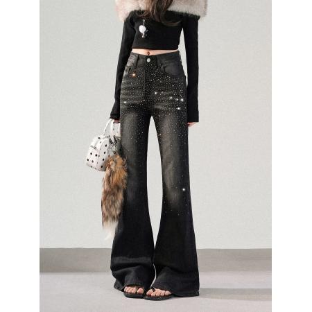 FA56419# 复古烫钻微喇牛仔裤女新款高腰弹力显瘦喇叭裤子 服裝批發女裝批發服飾貨源