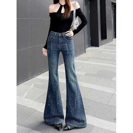 FA56420# 辣妹设计感复古蓝烫钻高腰微喇叭牛仔裤女不贴腿宽松窄版马蹄裤子 服裝批發女裝批發服飾貨源