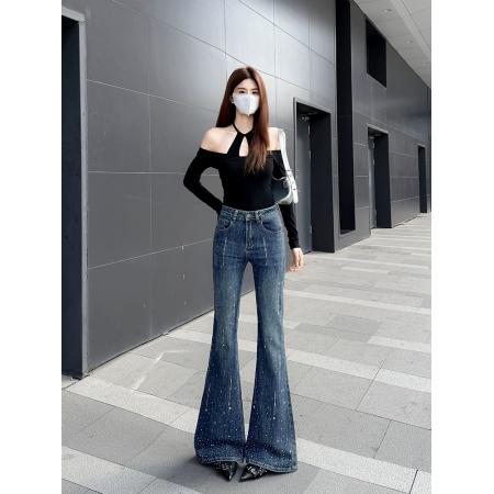 FA56420# 辣妹设计感复古蓝烫钻高腰微喇叭牛仔裤女不贴腿宽松窄版马蹄裤子 服裝批發女裝批發服飾貨源