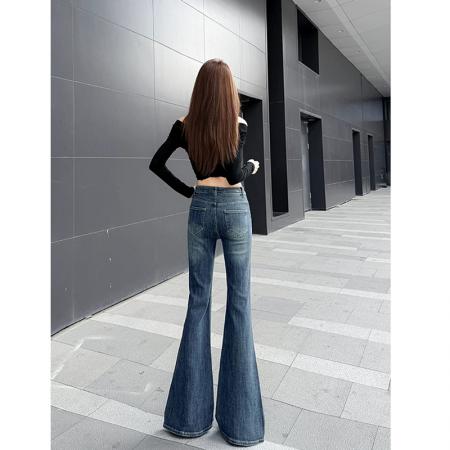 FA56420# 辣妹设计感复古蓝烫钻高腰微喇叭牛仔裤女不贴腿宽松窄版马蹄裤子 服裝批發女裝批發服飾貨源