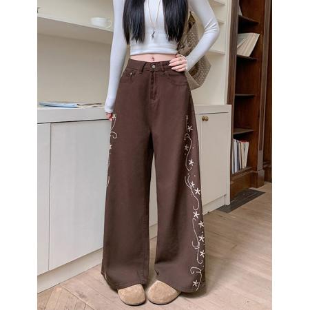 FA56421# 刺绣花设计感水洗牛仔裤新款高腰宽松显瘦直筒阔腿裤子 服裝批發女裝批發服飾貨源