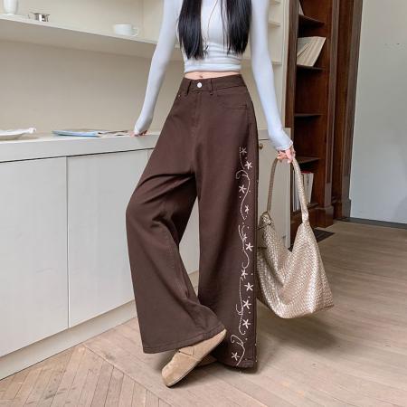 FA56421# 刺绣花设计感水洗牛仔裤新款高腰宽松显瘦直筒阔腿裤子 服裝批發女裝批發服飾貨源