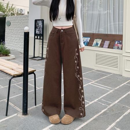 FA56421# 刺绣花设计感水洗牛仔裤新款高腰宽松显瘦直筒阔腿裤子 服裝批發女裝批發服飾貨源