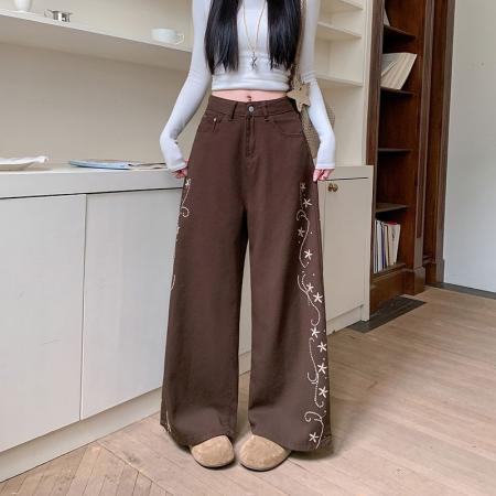 FA56421# 刺绣花设计感水洗牛仔裤新款高腰宽松显瘦直筒阔腿裤子 服裝批發女裝批發服飾貨源