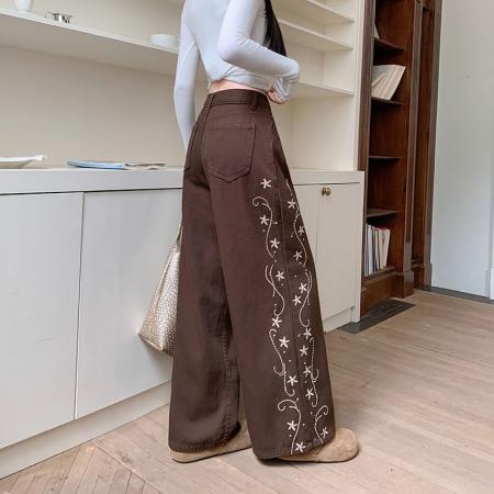 FA56421# 刺绣花设计感水洗牛仔裤新款高腰宽松显瘦直筒阔腿裤子 服裝批發女裝批發服飾貨源