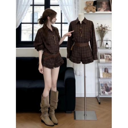 FA56423# 美拉德穿搭新款复古咖色翻领设计感衬衫女独特超好看减龄洋气上衣 服裝批發女裝批發服飾貨源