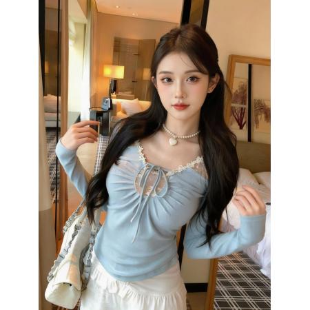 FA56424# 韩系温柔风蕾丝拼接长袖上衣女春季系带设计感套头打底衫 服裝批發女裝批發服飾貨源