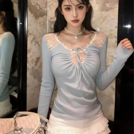 FA56424# 韩系温柔风蕾丝拼接长袖上衣女春季系带设计感套头打底衫 服裝批發女裝批發服飾貨源