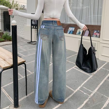 FA56425# 设计感刺绣美式弯刀直筒牛仔裤女显瘦宽松水洗拖地裤子 服裝批發女裝批發服飾貨源