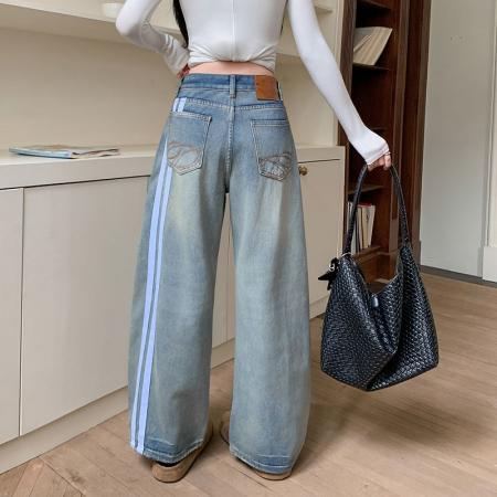 FA56425# 设计感刺绣美式弯刀直筒牛仔裤女显瘦宽松水洗拖地裤子 服裝批發女裝批發服飾貨源