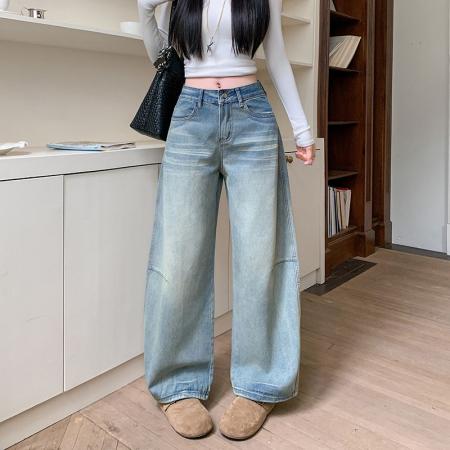 FA56425# 设计感刺绣美式弯刀直筒牛仔裤女显瘦宽松水洗拖地裤子 服裝批發女裝批發服飾貨源