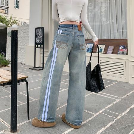 FA56425# 设计感刺绣美式弯刀直筒牛仔裤女显瘦宽松水洗拖地裤子 服裝批發女裝批發服飾貨源