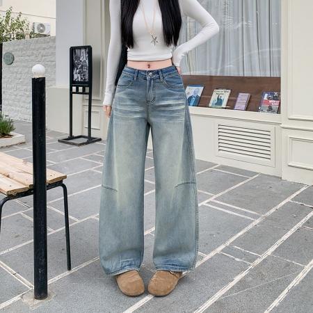 FA56425# 设计感刺绣美式弯刀直筒牛仔裤女显瘦宽松水洗拖地裤子 服裝批發女裝批發服飾貨源