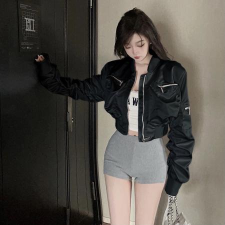 FA56426# 网红小众款双兜设计感口袋袖边短款外套飞行工装夹克女潮 服裝批發女裝批發服飾貨源