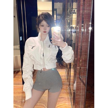 FA56426# 网红小众款双兜设计感口袋袖边短款外套飞行工装夹克女潮 服裝批發女裝批發服飾貨源