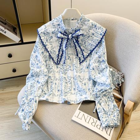 FA56430# 慵懒风海军领系带蝴蝶结长袖衬衫女春秋绝美的上衣 服裝批發女裝批發服飾貨源