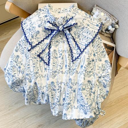 FA56430# 慵懒风海军领系带蝴蝶结长袖衬衫女春秋绝美的上衣 服裝批發女裝批發服飾貨源