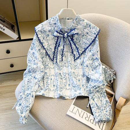 FA56430# 慵懒风海军领系带蝴蝶结长袖衬衫女春秋绝美的上衣 服裝批發女裝批發服飾貨源