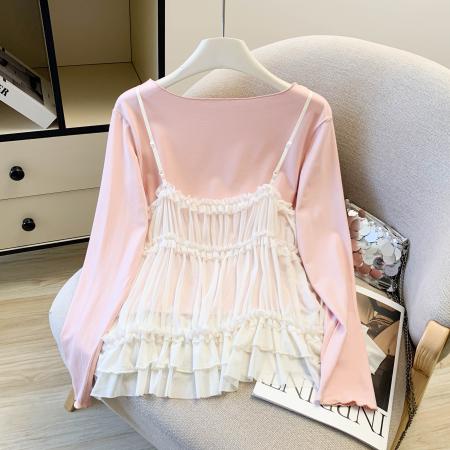 FA56431# 温柔风甜美粉色T恤打底衫网纱吊带背心两件套女春季新款上衣 服裝批發女裝批發服飾貨源