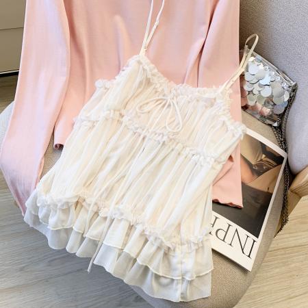 FA56431# 温柔风甜美粉色T恤打底衫网纱吊带背心两件套女春季新款上衣 服裝批發女裝批發服飾貨源