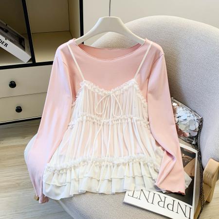 FA56431# 温柔风甜美粉色T恤打底衫网纱吊带背心两件套女春季新款上衣 服裝批發女裝批發服飾貨源