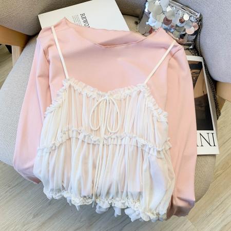 FA56431# 温柔风甜美粉色T恤打底衫网纱吊带背心两件套女春季新款上衣 服裝批發女裝批發服飾貨源